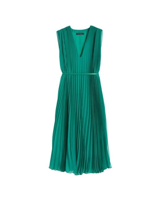 Max Mara Green Mxecapsula Pleated Belted Midi Dress