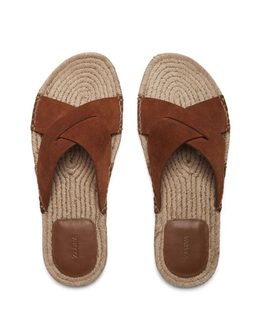 Zegna Brown Crossover-Strap Suede Sandals for men