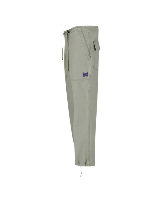 Needles Gray Drawstring Embroidered Trousers for men