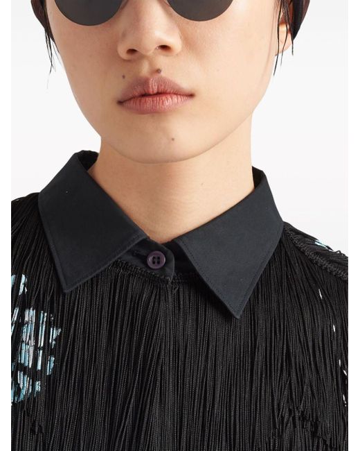 Prada Black Floral-print Fringed Shirt