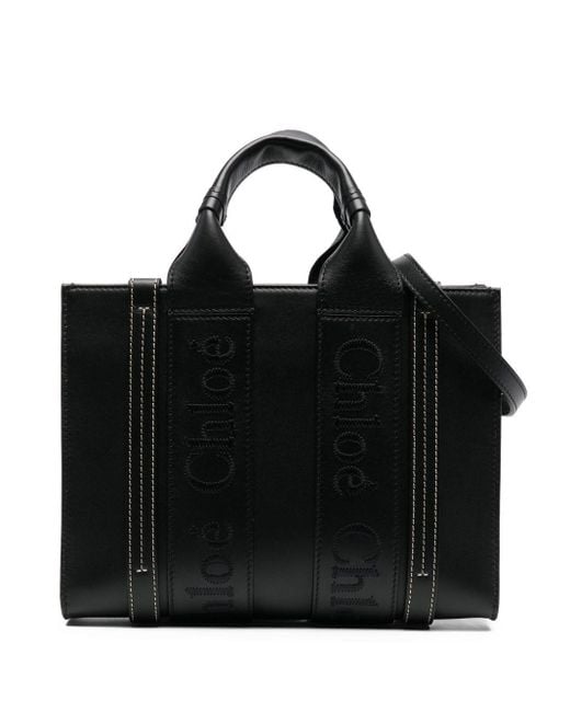 Chloé Leather Small Woody Logo-embroidered Tote Bag in Black | Lyst ...