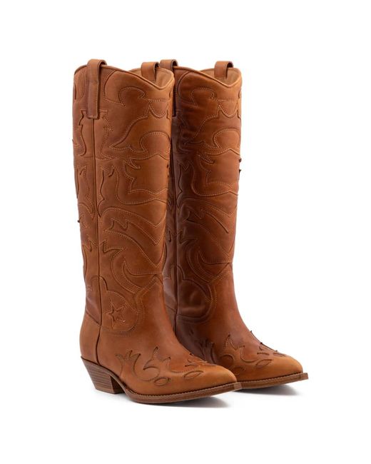 Buttero Brown Flee Stitched-Design Cowboy Boots