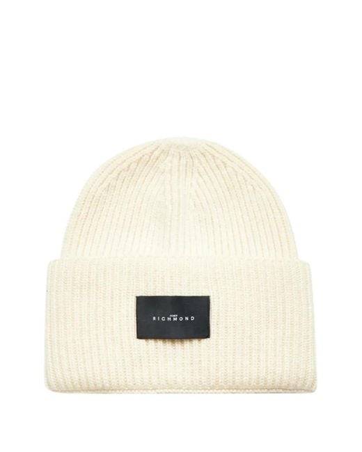 John Richmond White Ribbed-Knit Beanie Hat for men