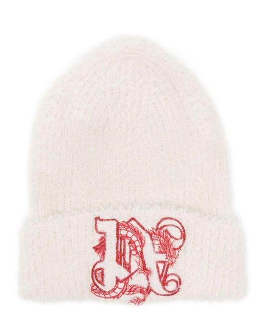 Palm Angels White Beanie With Dragon
