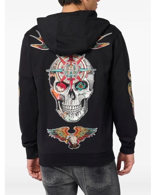 Philipp Plein Black Patch-Embellishment Zip-Up Hoodie for men