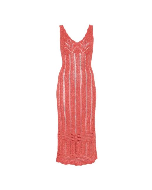 Twinset Red Long Fitted Knit Dress With Lurex