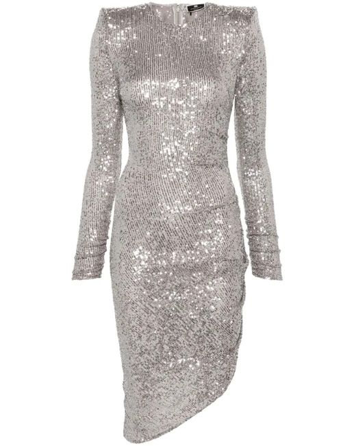 Elisabetta Franchi Gray Sequin Asymmetric Midi Dress