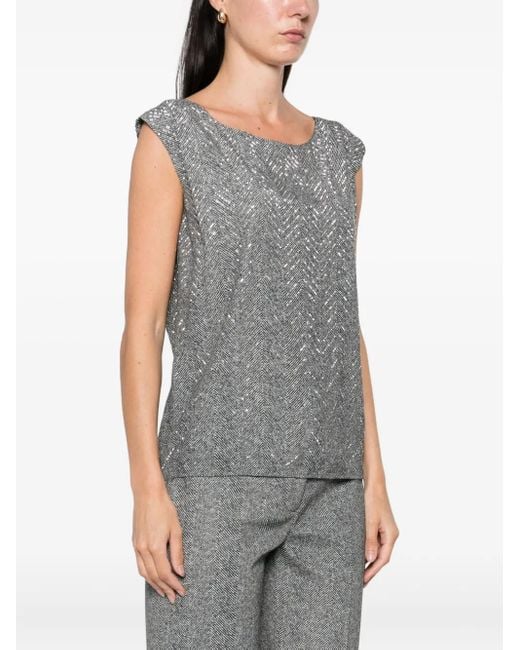 Ermanno Scervino Gray Herringbone-Pattern Sequin-Embellishment Top