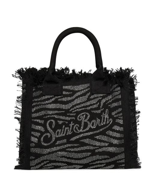 Mc2 Saint Barth Black Zebra-Print Frayed Tote Bag