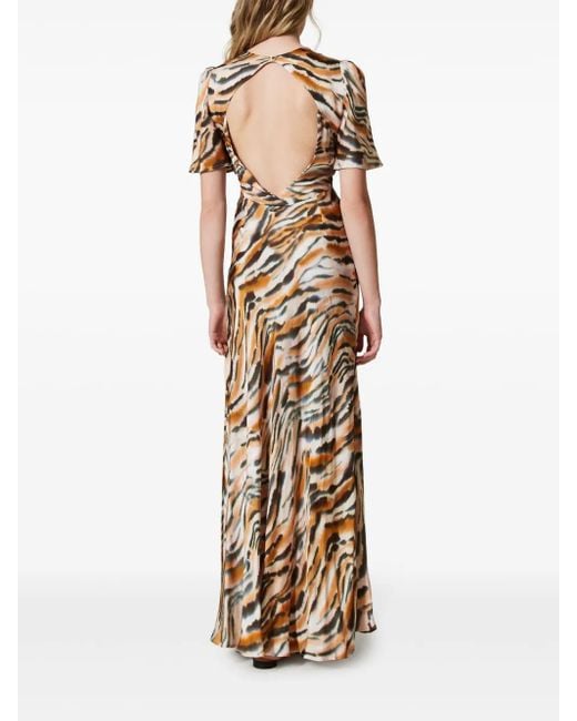 Twinset Metallic Tiger-Print Satin Maxi Dress