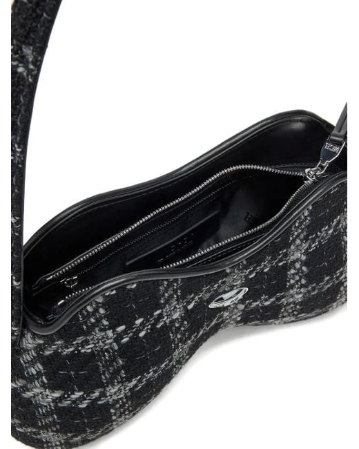 DIESEL Black Double-D Schultertasche mit Hahnentrittmuster