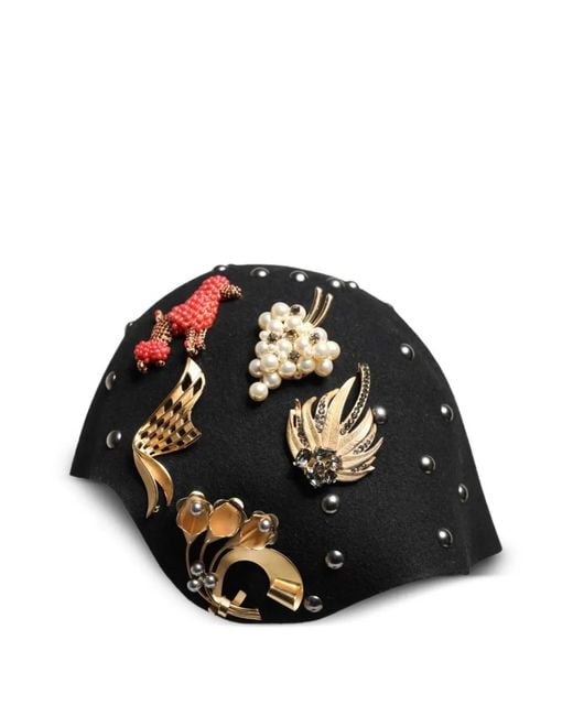 Dolce & Gabbana Black Brooch-Embellished Wool Cloche Hat