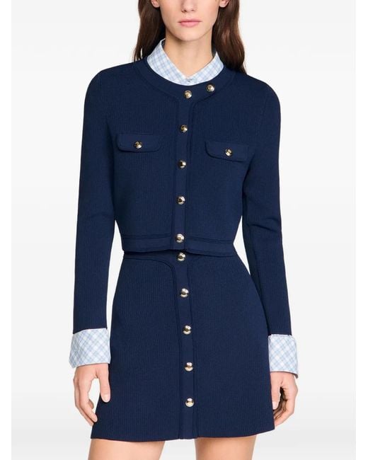 Sandro Blue Cropped Rib Knit Cardigan
