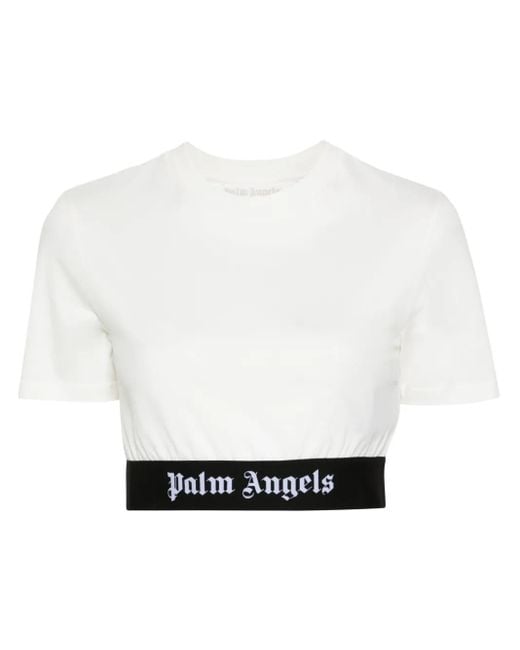 Palm Angels White Logo-Jacquard Cropped T-Shirt