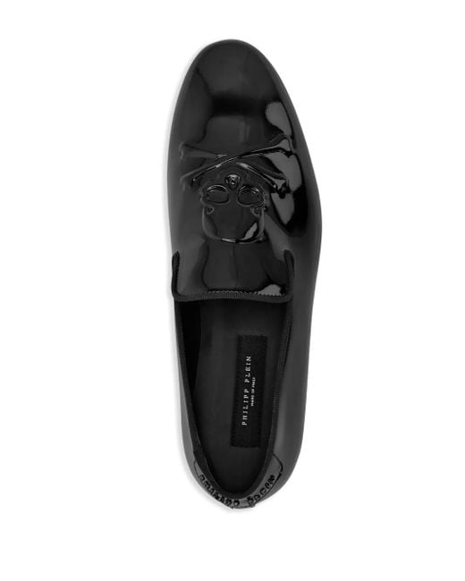 Philipp Plein Black Patent Leather Loafers Skull&Bones for men