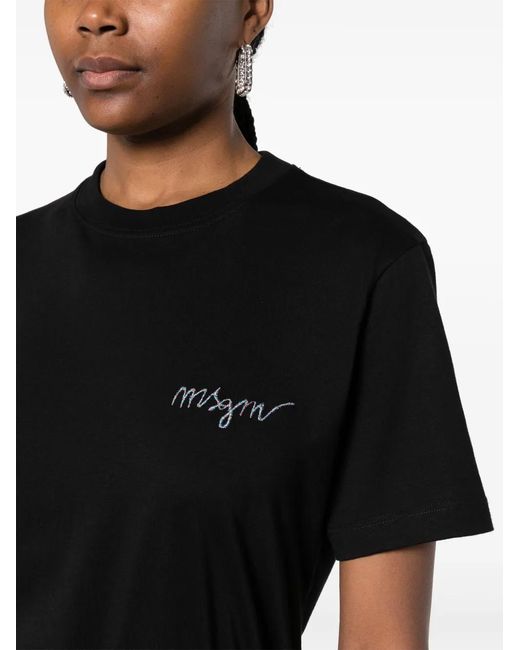 MSGM Black Logo-Embroidered T-Shirt