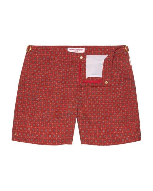 Orlebar Brown Red Bulldog Geometric-Print Buckle-Detail Swim Shorts for men