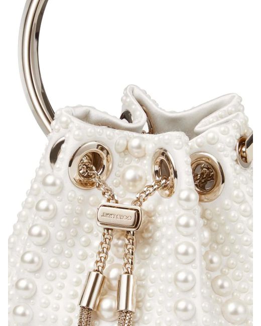 Jimmy Choo White Bon Bon Pearl-Embellished Bucket Bag