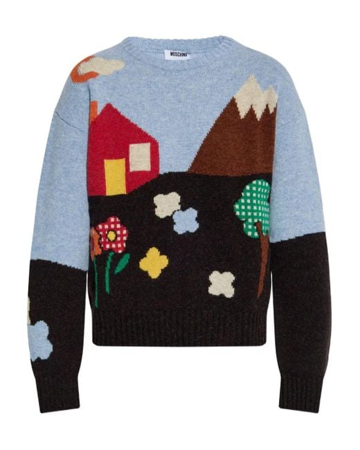 Moschino Blue Landscape-Print Wool Sweater