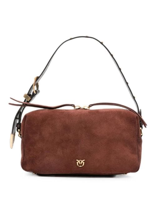 Pinko Brown Studded Leather-Strap Shoulder Bag
