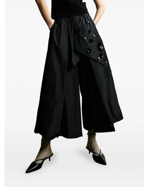 Psophia Black Floral-Appliqué Wide-Leg Culottes