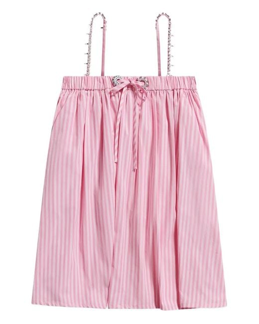 Area Gestreepte Mini-Jurk Verfraaid Met Kristallen in het Pink