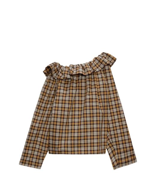 MSGM Brown Ruffled-Detail Plaid-Pattern Blouse