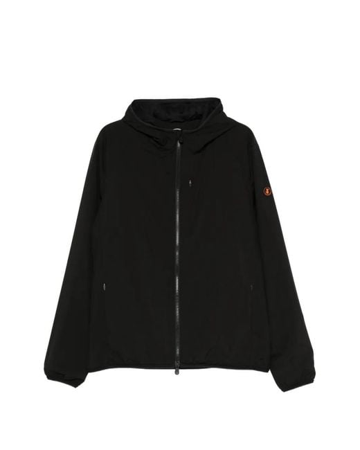 Save The Duck Black Hooded Logo-Patch Jacket for men