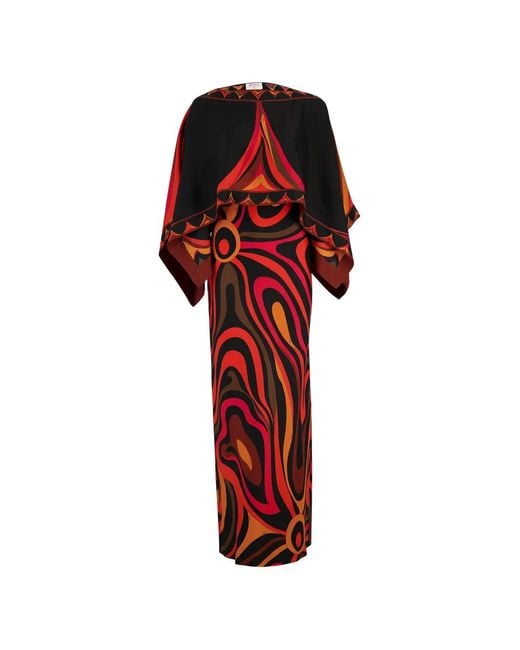 Emilio Pucci Red Marmo Print Cape-Overlay Maxi Dress
