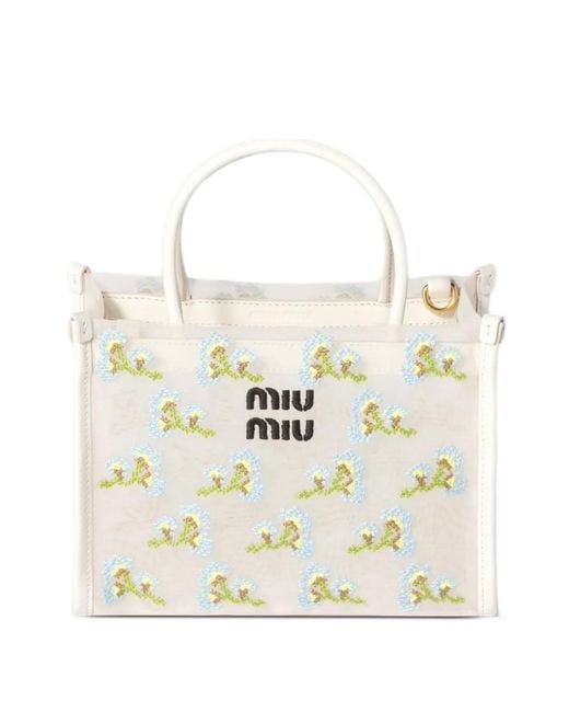 Miu Miu White Embroidered Mesh Top-Handle Bag