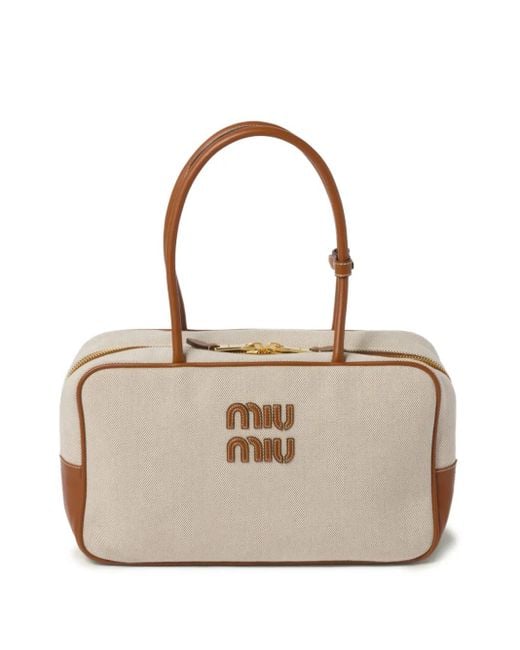 Miu Miu Leather-Trim Canvas Tote Bag in Natural | Lyst
