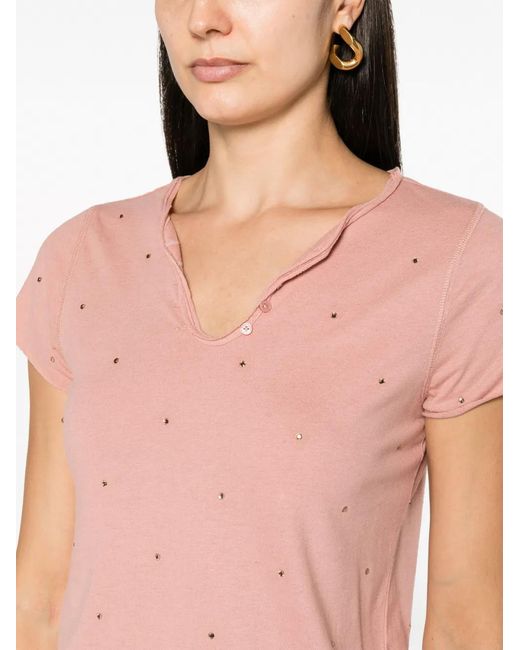 Zadig & Voltaire Pink Rhinestone-Embellished Henley-Neck T-Shirt