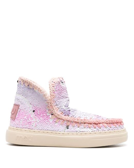 Mou Pink Crochet-trim Sequined Boots