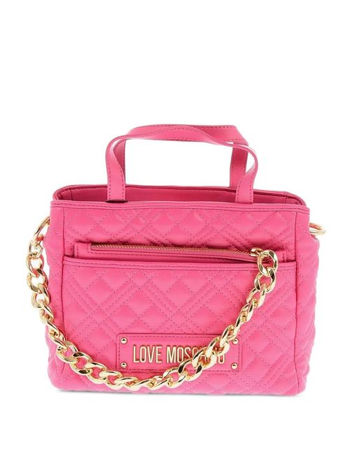 Love Moschino Pink Quilted Logo-Plaque Tote Bag