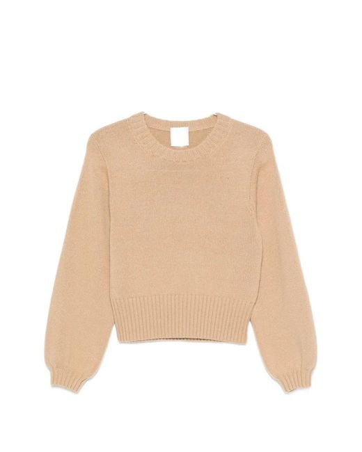 Allude Natural Ribbed-Trim Long-Sleeve Sweater