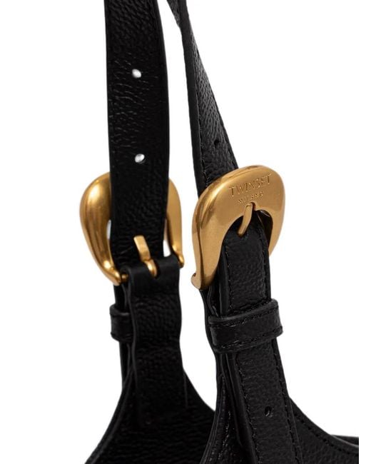 Twinset Black Buckle-Detail Pebbled Tote Bag