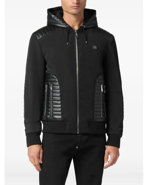 Philipp Plein Black Hooded Leather-Insert Jacket for men