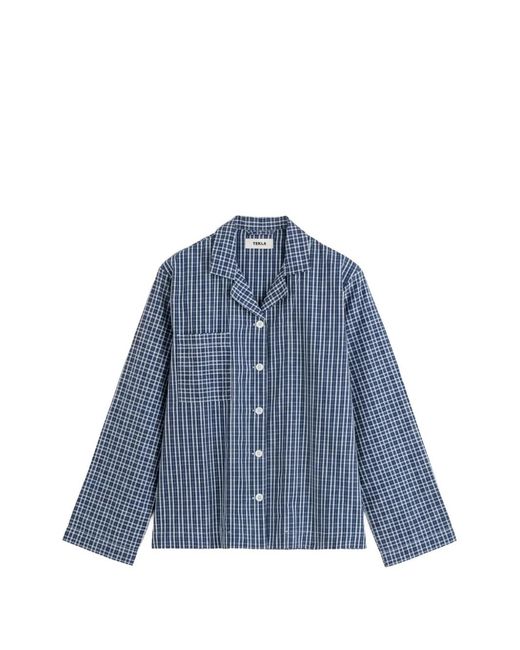 Tekla Blue Check-Print Cotton Pajamas