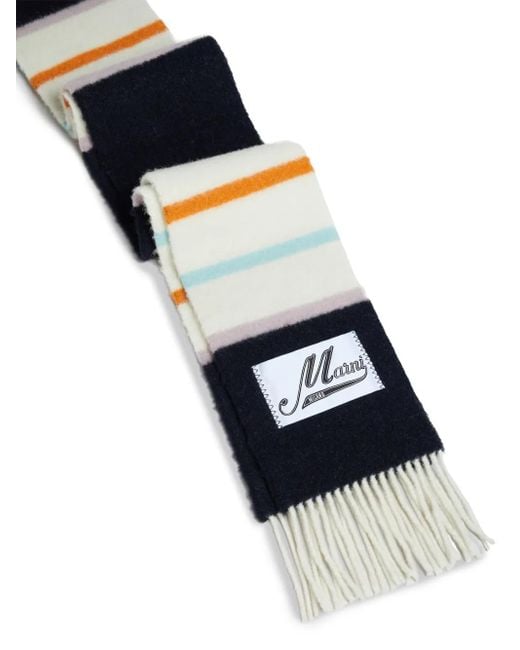 Marni Blue Logo-Patch Striped Scarf