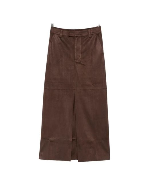ELEH Brown Suede-Effect Front-Slit Midi Skirt