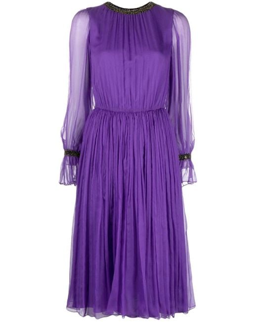 Nissa Purple Bead-embellished Silk Midi Dress