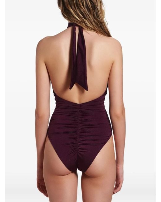 Noire Swimwear Purple Ruched Halterneck Swimsuit