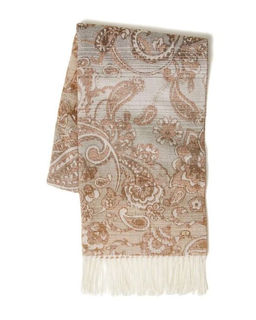 Twinset Natural Paisley-Pattern Fringed Scarf