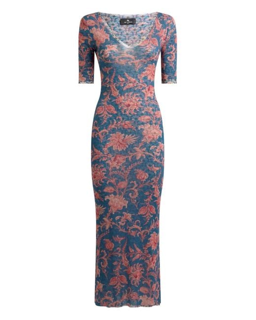 Etro Blue V-Neck Floral Motifed Midi Dress
