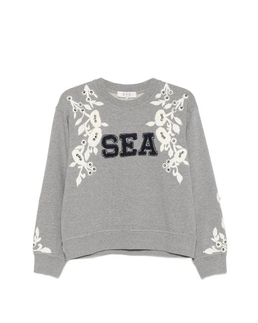 Sea Gray Floral-Embroidered Sweatshirt