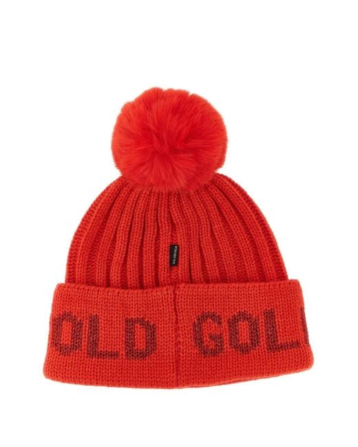 Goldbergh Red Ribbed Pompom Beanie Hat