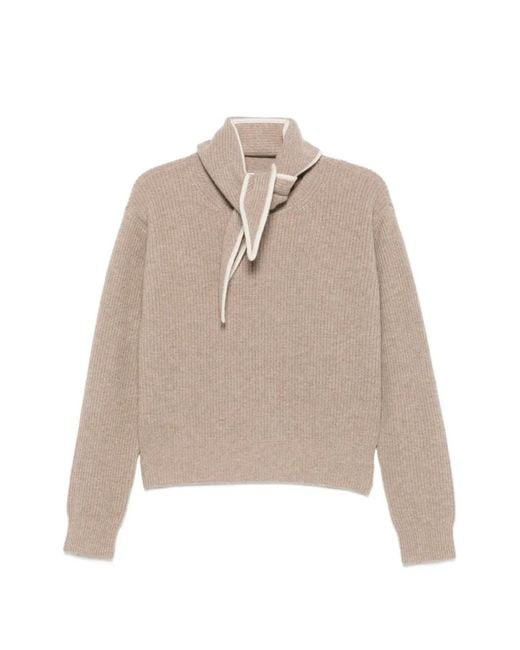 Sandro Natural Ribbed-Knit Scarf-Detail Wool Sweater