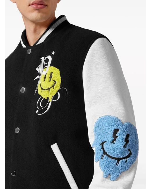 Philipp Plein Black Smile-Appliqué Varsity Jacket for men