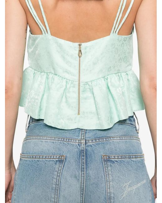 Sandro Blue Floral-Pattern Ruffled Top