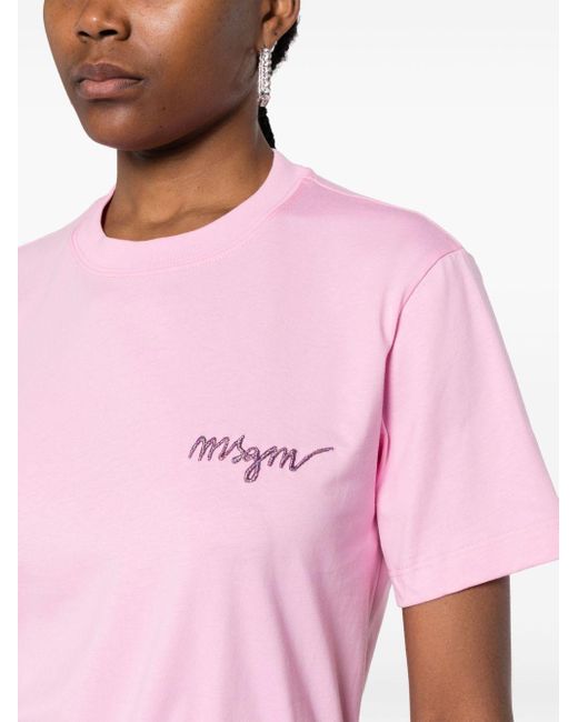 MSGM Pink Logo-embroidered Cotton T-shirt